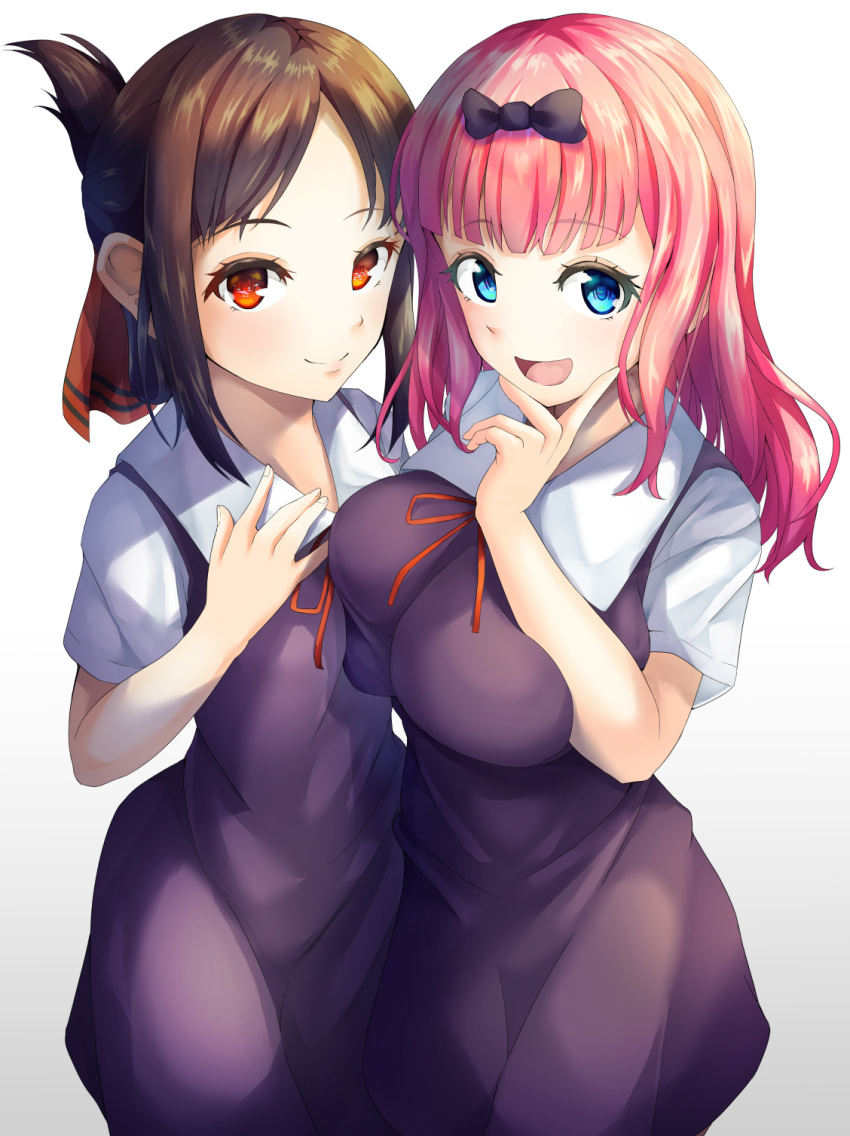 2girls bad_id bad_pixiv_id black_hair blue_eyes breasts eyebrows_visible_through_hair fujiwara_chika hair_ribbon hand_on_own_face highres kaguya-sama_wa_kokurasetai_~tensai-tachi_no_renai_zunousen~ large_breasts medium_hair multiple_girls pink_hair red_eyes ribbon school_uniform shinomiya_kaguya simple_background small_breasts smile zyulokuya