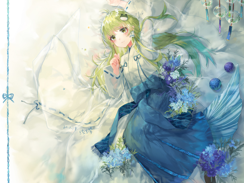 1girl bangs blue_bow blue_flower blue_hakama blush bow dated flower frog_hair_ornament from_above full_body green_eyes green_hair hair_ornament hakama highres holding holding_brush japanese_clothes kochiya_sanae ling_mou long_hair long_sleeves lying miko on_back ribbon-trimmed_sleeves ribbon_trim see-through shirt signature smile snake_hair_ornament socks solo touhou waist_bow white_flower white_legwear white_shirt wind_chime