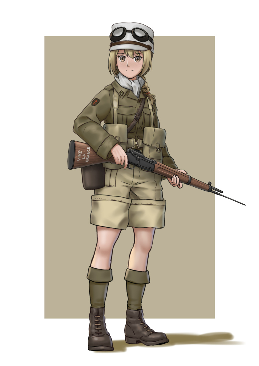 1girl absurdres bangs belt belt_pouch black_footwear blonde_hair bolt_action boots border brown_background brown_eyes brown_shorts english_commentary freckles full_body goggles goggles_on_headwear green_jacket green_legwear gun hat highres holding holding_gun holding_weapon jacket kneehighs looking_at_viewer mardjan military military_uniform original outside_border pouch rifle scarf shadow shorts simple_background smile soldier solo standing suspender_shorts suspenders uniform weapon white_border white_headwear white_scarf
