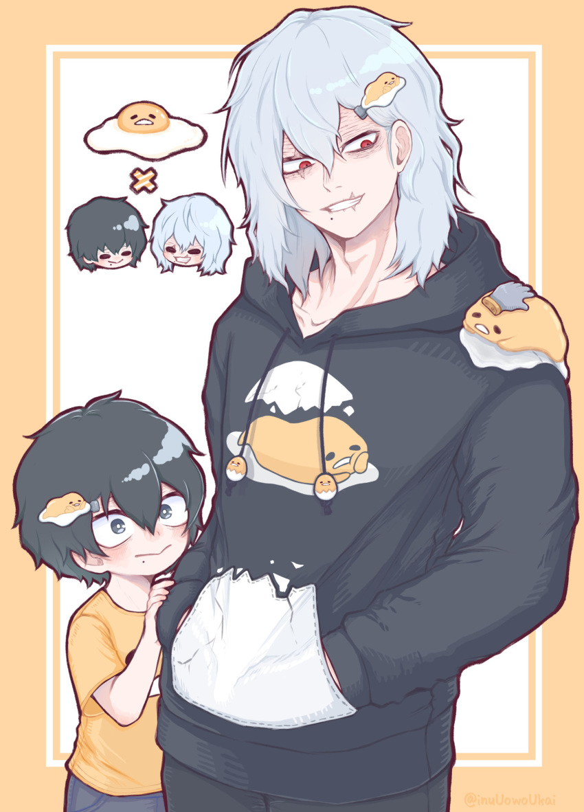 2boys :&gt; age_progression bangs black_hair black_hoodie black_pants blush boku_no_hero_academia border character_hair_ornament character_print child commentary creature crossover disembodied_limb drawstring dual_persona egg eggshell grey_eyes grey_hair gudetama hair_between_eyes hair_ornament hand_on_another's_arm hands_in_pockets head_rest highres hood hood_down hoodie inukai_(inuuowoukai) long_sleeves looking_at_another lying male_child medium_hair messy_hair mole mole_under_mouth multiple_boys on_stomach open_mouth outside_border pants print_hoodie red_eyes scar scar_across_eye scar_on_face scar_on_mouth shigaraki_tomura shirt short_hair short_sleeves simple_background smile standing time_paradox white_background yellow_border yellow_shirt younger