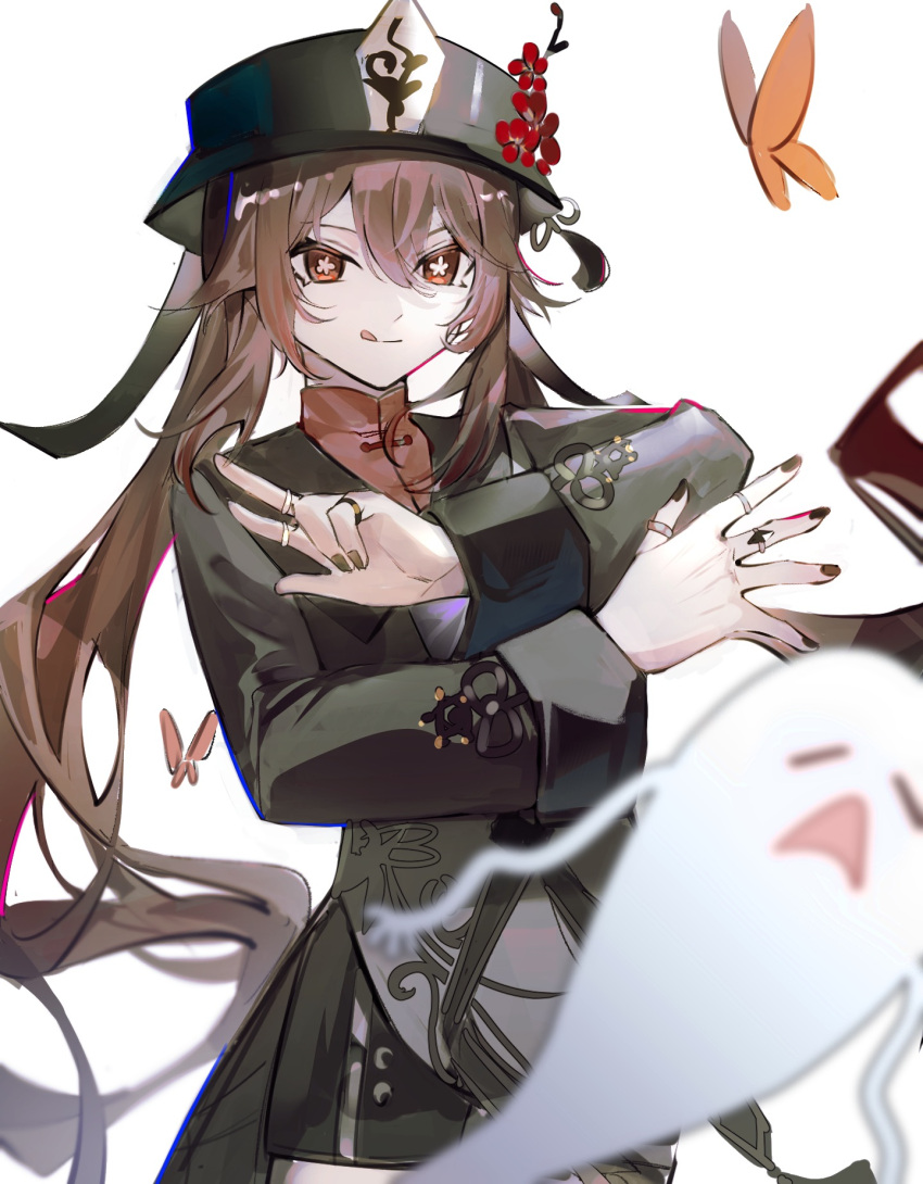 1girl :q bangs black_coat black_headwear black_nails black_shorts blurry brown_hair bug butterfly chinese_commentary coat commentary_request cowboy_shot depth_of_field flower flower_knot genshin_impact ghost hands_up hat hat_flower highres hu_tao_(genshin_impact) jewelry long_hair long_sleeves looking_at_viewer nail_polish orange_butterfly plum_blossoms porkpie_hat red_eyes ring shorts simple_background smile solo standing star-shaped_pupils star_(symbol) symbol-shaped_pupils tongue tongue_out twintails white_background xingxing_mei