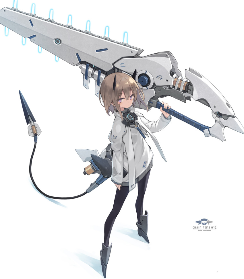 1girl black_legwear brown_hair commentary_request full_body highres horns huge_weapon long_sleeves looking_at_viewer mechanical_tail original over_shoulder poco_(asahi_age) short_hair simple_background solo standing tail violet_eyes weapon weapon_over_shoulder white_background