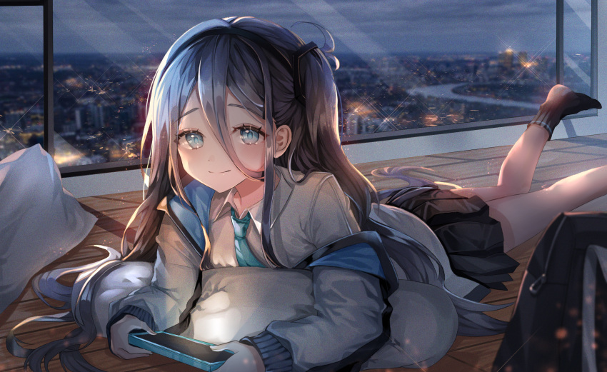 1girl absurdly_long_hair arisu_(blue_archive) bag black_hair black_hairband blue_archive blue_eyes blue_necktie building city cityscape hairband handheld_game_console highres holding holding_handheld_game_console jacket long_hair looking_at_viewer lying necktie night night_sky off_shoulder on_stomach one_side_up pillow playing_games rono_(vhpt2284) school_uniform shirt sky skyscraper smile solo very_long_hair white_shirt