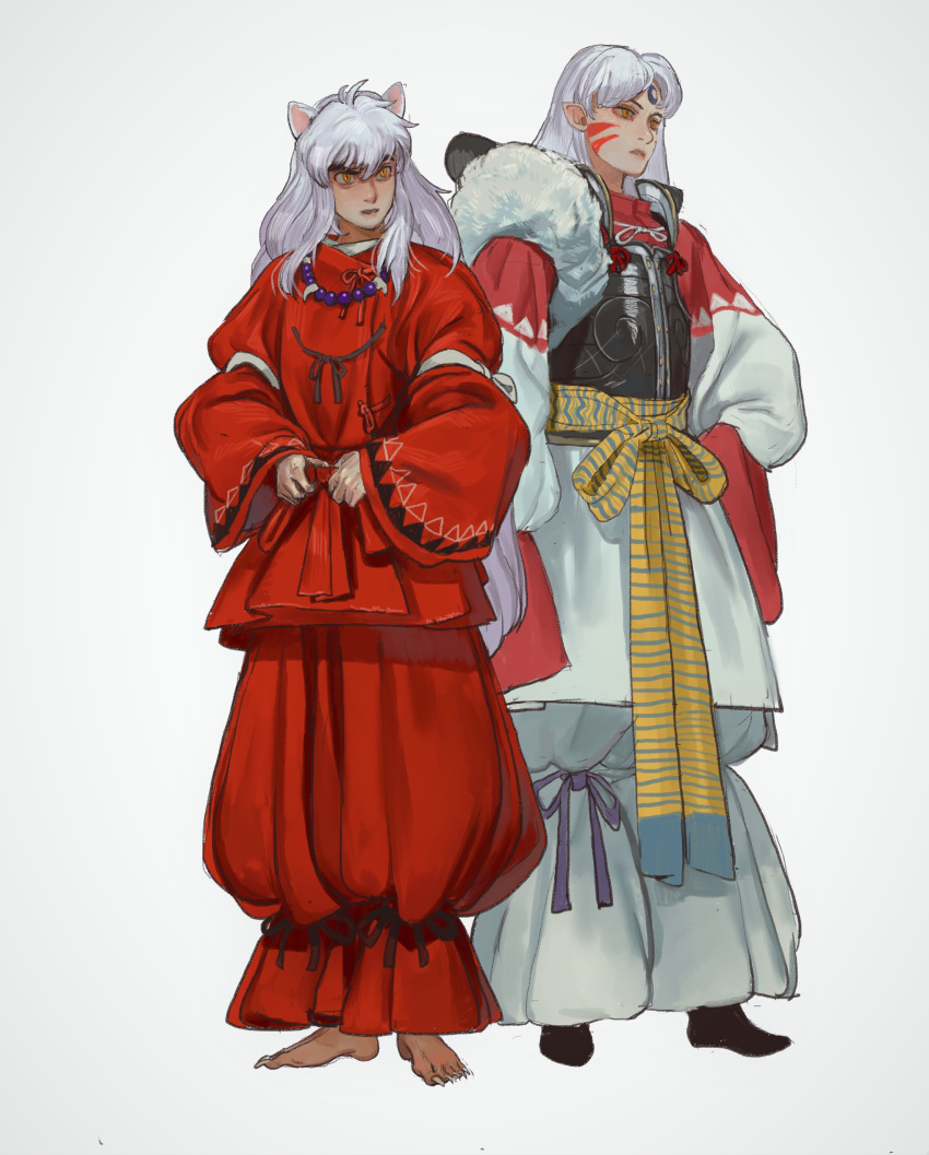 2boys absurdres animal_ears armor bead_necklace beads breastplate crescent facial_mark highres inuyasha jewelry long_hair long_sleeves male_focus mossacannibalis multiple_boys necklace orange_eyes pants parted_lips pointy_ears red_pants sesshoumaru sharp_toenails simple_background standing toenails white_background white_hair white_pants