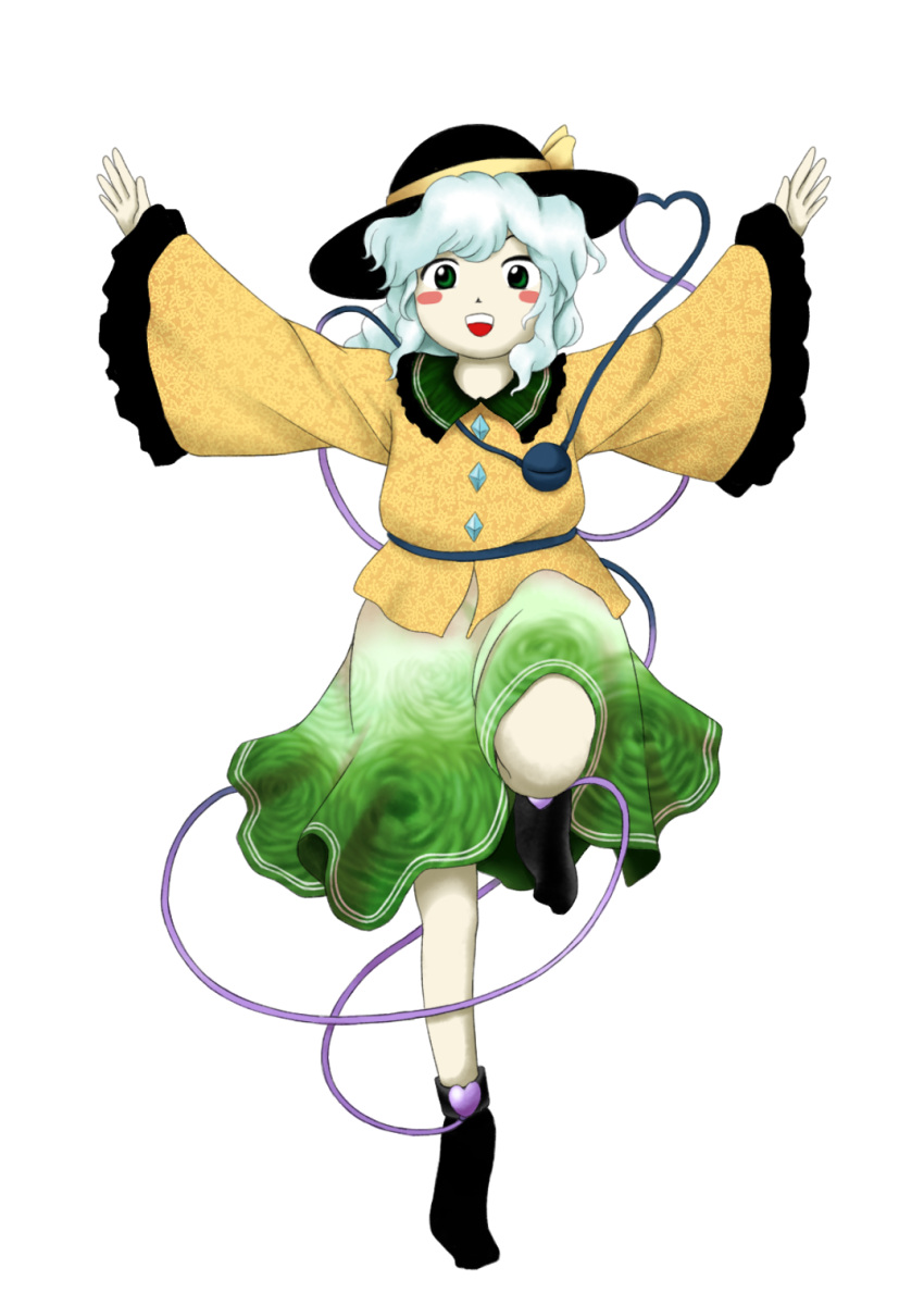 1girl :d \o/ aqua_hair arms_up bangs black_headwear black_legwear blush_stickers buttons commentary_request crystal floral_print frilled_shirt_collar frilled_sleeves frills full_body glico glico_man gradient_skirt green_eyes green_skirt hat hat_ribbon heart heart_of_string highres komeiji_koishi leg_up long_hair long_sleeves looking_at_viewer open_mouth outstretched_arms parasite_oyatsu print_shirt print_skirt ribbon shirt simple_background skirt sleeves_past_wrists smile socks solo spread_arms standing standing_on_one_leg touhou white_background wide_sleeves yellow_ribbon yellow_shirt zun_(style)