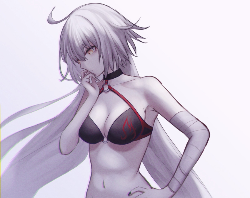 ahoge bandaged_arm bandages black_nails fate/grand_order fate_(series) highres jeanne_d'arc_alter_(fate) jeanne_d'arc_alter_(swimsuit_berserker)_(fate) non-web_source pale_skin roro_982 swimsuit thinking white_hair yellow_eyes