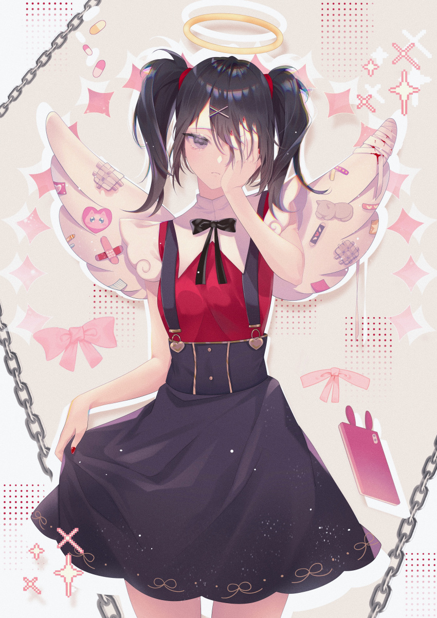 1girl absurdres ame-chan_(needy_girl_overdose) bandaged_wings bandages black_hair black_ribbon black_skirt chain closed_mouth film_grain frown hair hair_ornament halo hand_over_eye highres holding holding_clothes holding_skirt meiriyingjiaoliuweiyuanhuihuizhang neck_ribbon needy_girl_overdose pinafore_dress pink_ribbon red_shirt ribbon shirt short_sleeves skirt solo suspender_skirt suspenders twintails violet_eyes wings x_hair_ornament