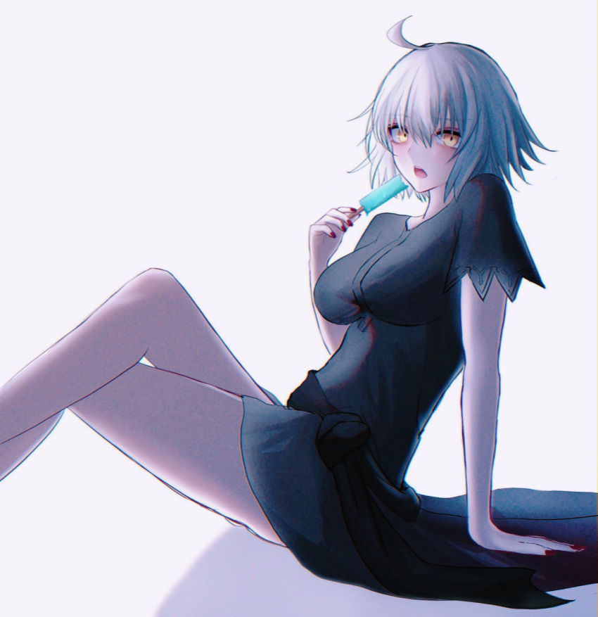 1girl ahoge alternate_costume black_dress crossed_legs dress fate/grand_order fate_(series) food highres jeanne_d'arc_alter_(fate) nail_polish popsicle roro_982 simple_background solo white_background white_hair yellow_eyes