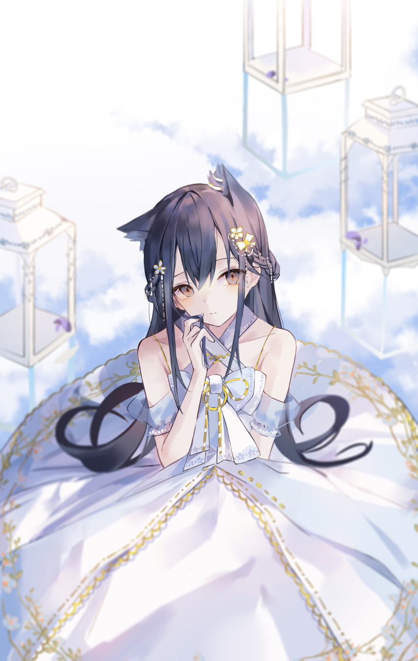 0_(znanimo) 1girl absurdres animal_ear_fluff animal_ears arknights bare_shoulders black_hair blush braid breasts cleavage_cutout clothing_cutout clouds cloudy_sky collarbone dress earrings eyebrows_visible_through_hair gold_trim hair_ornament hairclip half_updo highres jewelry long_hair looking_at_viewer parted_lips shoulder_cutout sky small_breasts solo straight_hair symbol-only_commentary texas_(arknights) white_dress wolf_ears wolf_girl yellow_eyes