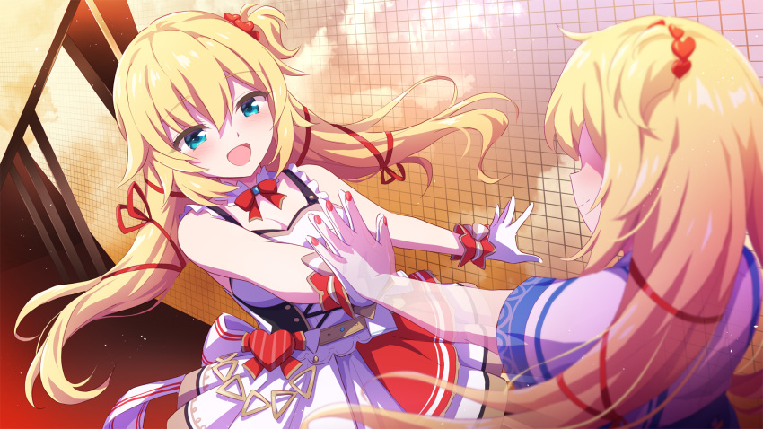 2girls akai_haato aqua_eyes belt blonde_hair bodice bow bow_skirt bowtie breasts dual_persona frilled_straps frills gloves hair_between_eyes hair_ornament hair_ribbon heart heart_hair_ornament highres holding_hands hololive hololive_idol_uniform idol layered_skirt long_hair low_twintails marugoshi_(54burger) medium_breasts miniskirt multiple_girls official_alternate_costume one_side_up palms_together red_bow red_bowtie red_ribbon ribbon skirt skirt_set sleeveless twintails virtual_youtuber white_bow white_gloves white_skirt wrist_cuffs