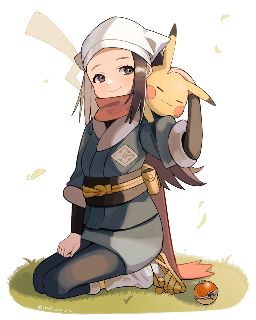 1girl absurdres akari_(pokemon) blush closed_eyes closed_mouth fingernails grass grey_eyes highres kneeling leaf on_shoulder petting pikachu poke_ball poke_ball_(basic) pokemon pokemon_(creature) pokemon_(game) pokemon_legends:_arceus pokemon_on_shoulder pouch red_scarf scarf simple_background smile solo syu45 twitter_username white_headwear wind