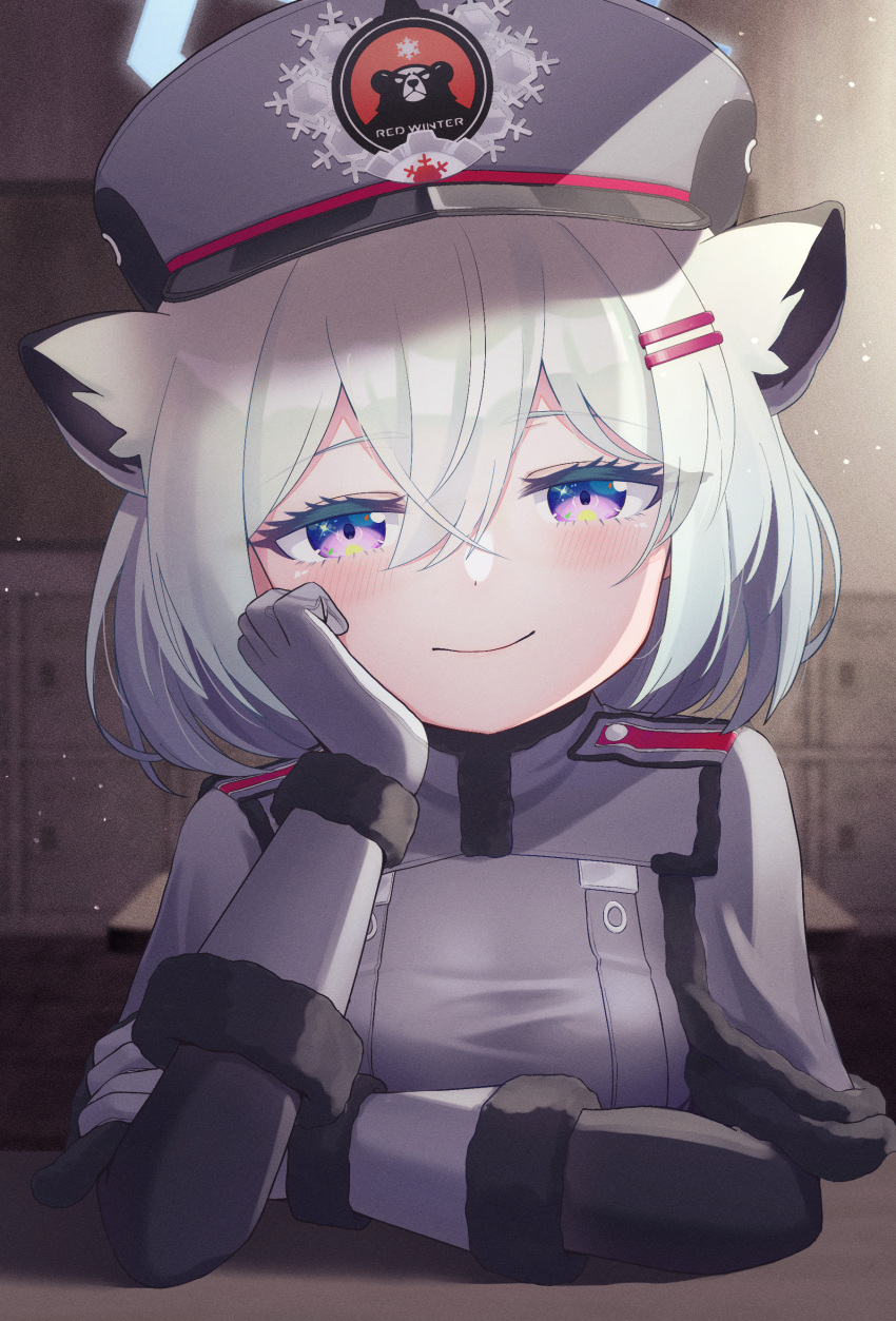 1girl absurdres animal_ears blue_archive blue_hair blush cal_minutes epaulettes gloves hair_ornament hairclip hand_on_own_chin hat highres looking_at_viewer military military_hat military_uniform shigure_(blue_archive) short_hair smile solo uniform violet_eyes visor_cap