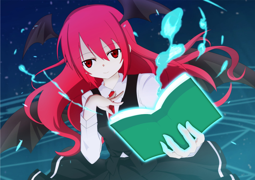 1girl bat_wings black_skirt black_vest blue_background book commentary_request dot_nose dutch_angle eyebrows_visible_through_hair glowing hair_between_eyes hand_on_own_chest head_wings highres holding holding_book koakuma long_hair long_sleeves looking_at_viewer magic magic_circle necktie open_book red_eyes red_necktie redhead sidelocks simple_background skirt skirt_set smile solo touhou tsuukinkaisoku_oomiya upper_body vest wings