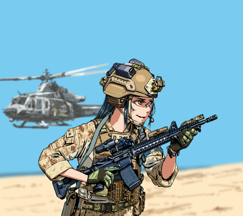 1girl aircraft assault_rifle belt belt_pouch black_hair blurry blurry_background brown_eyes brown_headwear bulletproof_vest camouflage camouflage_jacket chin_strap commentary_request desert_camouflage english_commentary glasses gloves green_gloves gun headphones helicopter helmet highres holding holding_gun holding_weapon jacket long_hair long_sleeves microphone military military_helmet mixed-language_commentary original outdoors pouch rifle sidelocks sleeves_rolled_up soldier solo tactical_clothes trigger_discipline tudou_jun upper_body watch watch weapon weapon_request