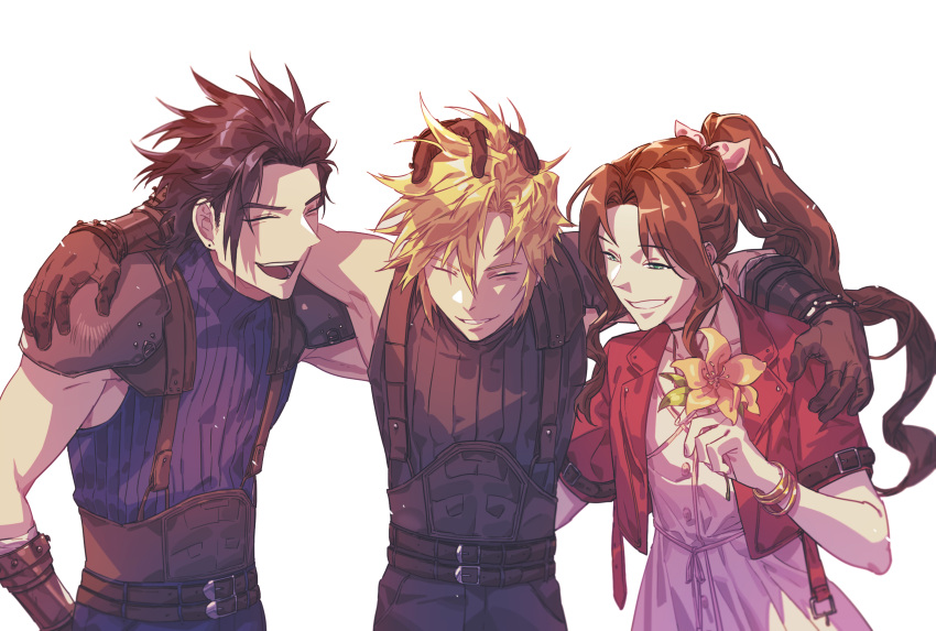 1girl 2boys aerith_gainsborough arm_around_shoulder armor asymmetrical_hair bangs belt black_hair blonde_hair blue_shirt bracelet brown_hair choker closed_eyes cloud_strife cropped_jacket dress earrings final_fantasy final_fantasy_vii final_fantasy_vii_remake flower gloves green_eyes hair_between_eyes hair_ribbon hair_slicked_back hand_in_another's_hair highres holding holding_flower jacket jewelry multiple_belts multiple_boys open_mouth parted_bangs parted_lips peonrin pink_dress ponytail red_jacket ribbon shirt shoulder_armor sidelocks single_earring sleeveless sleeveless_turtleneck smile spiky_hair suspenders teeth turtleneck upper_body upper_teeth wavy_hair white_background yellow_flower zack_fair