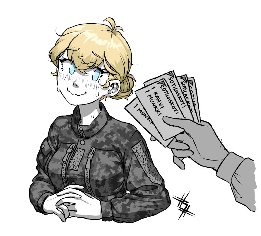 absurdres blonde_hair blue_eyes blush camouflage camouflage_jacket coupon hair_bun highres holding interlocked_fingers jacket military military_jacket military_uniform ostwindprojekt partially_colored seno_lepo sweat sweatdrop sweating_profusely ticket uniform zipper zipper_pull_tab