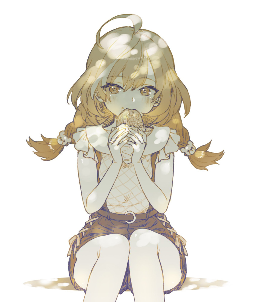 1girl ahoge assault_lily bangs bare_arms bear_hair_ornament belt blush braid brown_theme closed_mouth commentary cross-laced_clothes cross-laced_shorts eating eyebrows_visible_through_hair feet_out_of_frame food food_on_face frilled_shirt frills hair_between_eyes hair_ornament hands_up highres holding holding_food jewelry long_hair looking_at_viewer low_twin_braids low_twintails monochrome o-ring o-ring_belt official_alternate_costume official_alternate_hairstyle ring sasaki_ran shirt shorts simple_background sitting sleeveless sleeveless_shirt solo suspender_shorts suspenders taiyaki tori_udon tree_shade twin_braids twintails wagashi white_background