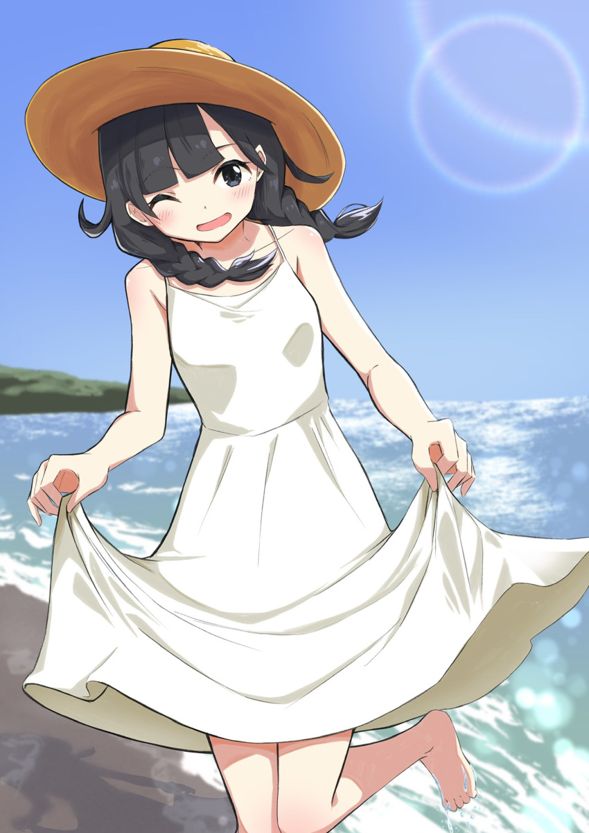 1girl ;d barefoot black_eyes black_hair blush braid brown_headwear clothes_lift collarbone commentary_request day dress dress_lift hat highres leg_up lens_flare long_hair looking_at_viewer negimiso1989 one_eye_closed open_mouth outdoors pokemon pokemon_(game) pokemon_usum selene_(pokemon) shore sky sleeveless sleeveless_dress smile solo toes twin_braids water white_dress