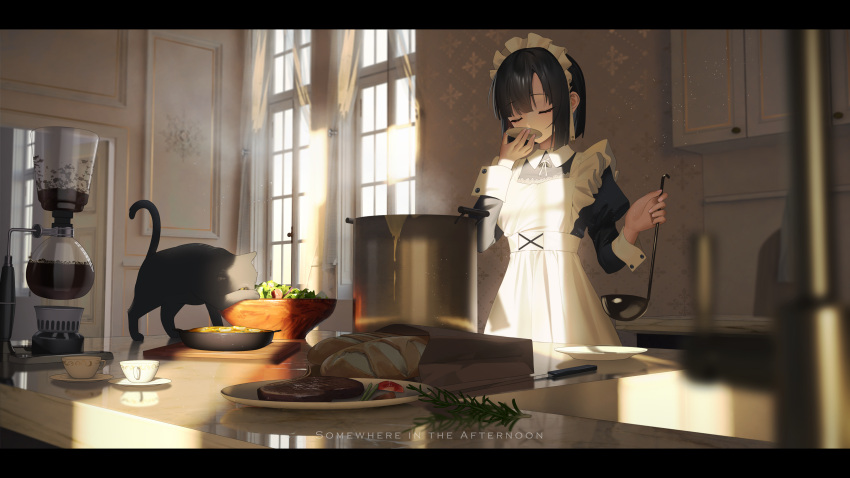 1girl absurdres apron aya_(lezon) black_dress black_hair bread cabinet cat closed_eyes coffee coffee_maker_(object) coffee_mug collar collared_dress cup dress food highres indoors kitchen ladle light_rays maid maid_headdress mug original plate rosemary_(herb) salad short_hair solo soup soup_ladle steak steam sunbeam sunlight tasting tomato waist_apron white_collar window