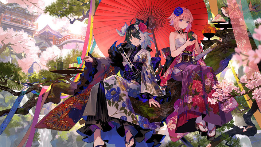 2girls ahoge alchemy_stars alternate_costume apple architecture bangs belt black_hair branch breasts bridge cherry_blossoms closed_mouth cup detached_collar east_asian_architecture feather_boa floral_print flower food fruit fuzichoco gelatin green_eyes grey_kimono hadanugi_dousa hair_flower hair_ornament hair_over_one_eye highres hiiro_(alchemy_stars) holding holding_cup horns japanese_clothes kimono long_sleeves looking_at_viewer medium_hair mochi multicolored_hair multiple_girls obi official_art oil-paper_umbrella outdoors pink_eyes pink_hair pink_kimono sandals sarashi sash sharona_(alchemy_stars) short_hair single_bare_shoulder sitting small_breasts smile sword tabi toothpick tree two-tone_hair umbrella water waterfall weapon white_hair yunomi