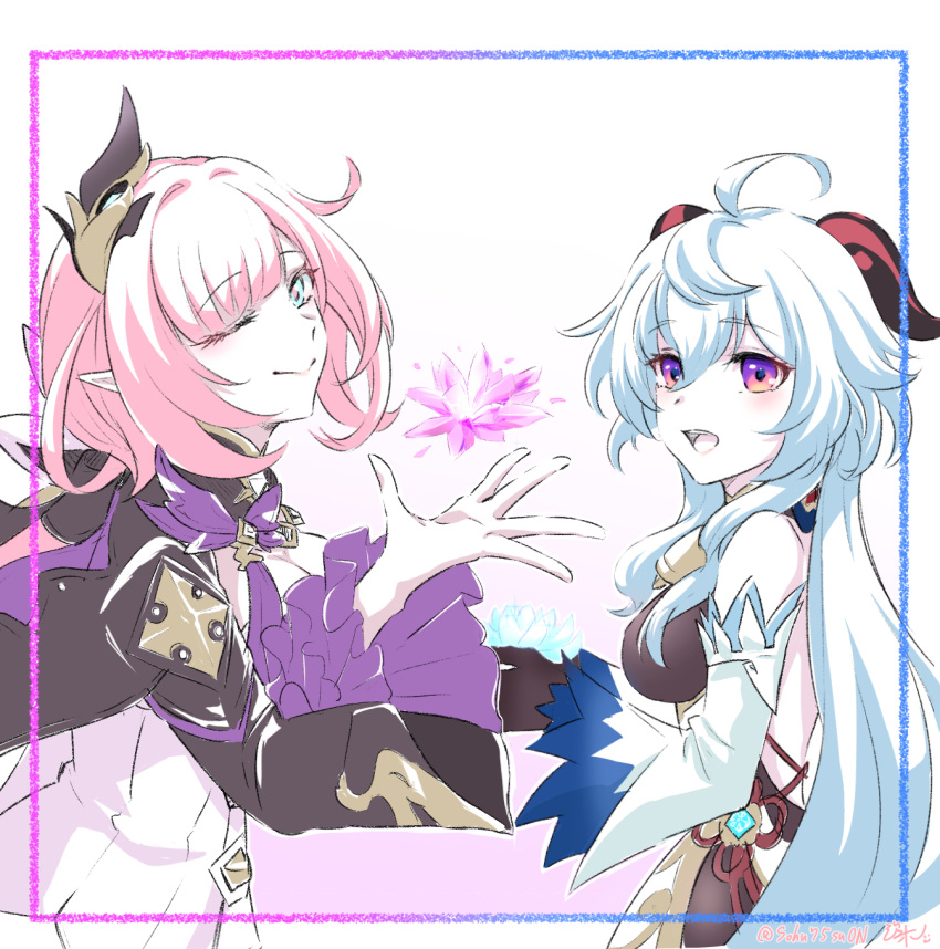 2girls :d ahoge bangs bare_shoulders blue_eyes blue_hair closed_mouth company_connection crossover crystal elf elysia_(honkai_impact) ganyu_(genshin_impact) genshin_impact highres honkai_(series) honkai_impact_3rd horns k-fami_271617 long_hair mihoyo_technology_(shanghai)_co._ltd. multiple_girls one_eye_closed open_mouth pink_hair pointy_ears sketch smile violet_eyes white_background white_sleeves