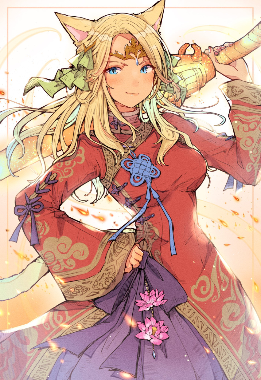 1girl animal_ears bangs bead_band bell_sleeves blonde_hair blue_eyes blush bow breasts chinese_clothes chinese_knot circlet closed_mouth cowboy_shot curled_fingers dress dress_bow final_fantasy final_fantasy_xiv flower green_ribbon gunblade gunbreaker_(final_fantasy) hair_over_shoulder hair_ribbon hand_on_hip highres holding holding_weapon long_hair looking_at_viewer lotus medium_breasts miqo'te mokokoiro parted_bangs petticoat purple_bow purple_ribbon red_dress red_nails ribbon sideways_glance smile smug solo tail toggles weapon weapon_behind_back