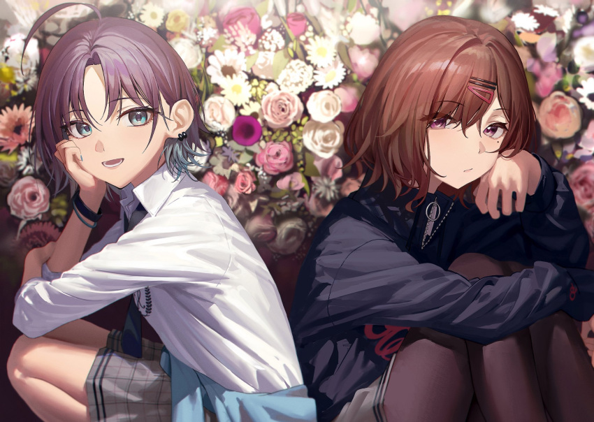 2girls ahoge asakura_toru blue_hair flower gradient_hair hand_on_own_cheek hand_on_own_face head_rest highres higuchi_madoka idolmaster idolmaster_shiny_colors light_purple_hair looking_at_viewer multicolored_hair multiple_girls redhead school_uniform sitting squatting suketoudara_(artist)