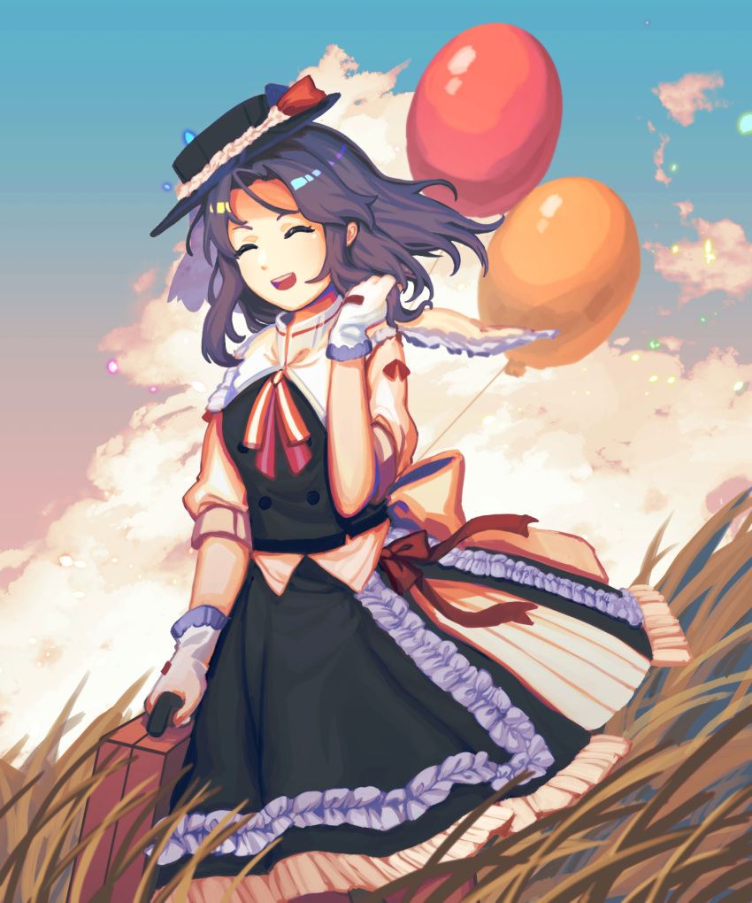 1girl :d alternate_costume arm_behind_back balloon bangs black_headwear black_skirt black_vest blue_hair bow buttons closed_eyes clouds collared_shirt cowboy_shot facing_viewer fedora floating_hair frilled_hat frilled_shirt_collar frills furahata_gen gloves grass hat hat_bow highres holding holding_suitcase kumoi_ichirin lolita_fashion medium_hair neckerchief open_mouth outdoors parted_bangs red_bow shirt short_sleeves skirt skirt_set sky sleeve_cuffs smile solo striped_neckerchief suitcase teeth touhou upper_teeth vest waist_bow white_bow white_gloves white_shirt