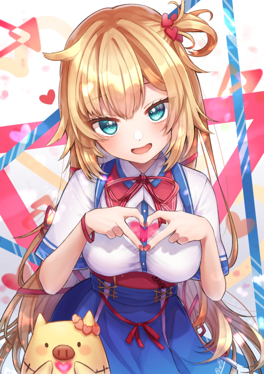 1girl akai_haato aqua_eyes bangs belt blonde_hair blue_eyes blue_skirt breasts collared_shirt fingernails haaton_(akai_haato) hair_between_eyes hair_ornament hair_ribbon heart heart_hair_ornament heart_hands high-waist_skirt highres hololive kuwaefuru long_hair looking_at_viewer medium_breasts miniskirt nail_polish neck_ribbon one_side_up open_mouth red_belt red_nails red_ribbon ribbon shirt short_sleeves skirt smile solo underbust very_long_hair virtual_youtuber white_shirt