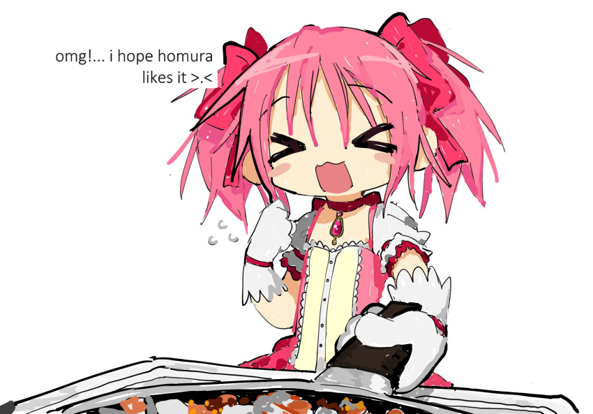 &gt;_&lt; 1girl :3 :d bangs blush blush_stickers bow buttons choker clenched_hand closed_eyes commentary cooking dress english_commentary english_text eyebrows_visible_through_hair facing_viewer flying_sweatdrops food frills frying_pan gloves hair_bow hand_up highres holding holding_frying_pan iamgod_0526 kaname_madoka mahou_shoujo_madoka_magica no_nose open_mouth pink_bow pink_dress pink_hair puffy_short_sleeves puffy_sleeves red_choker short_hair short_sleeves short_twintails simple_background smile solo soul_gem twintails white_background white_gloves white_sleeves