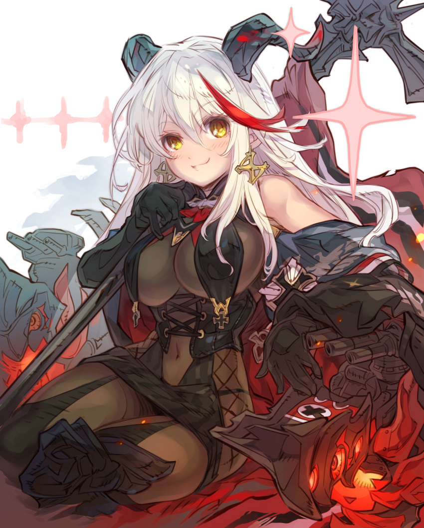 1girl aegir_(azur_lane) asymmetrical_footwear azur_lane black_cape black_gloves bodystocking boots breast_curtains breasts cape commission cross cross-laced_clothes cross_earrings demon_horns earrings gloves haku_(sabosoda) highres holding holding_polearm holding_weapon horns iron_cross jewelry knee_boots large_breasts long_hair looking_at_viewer multicolored_hair polearm redhead rigging simple_background single_knee_boot skeb_commission smile solo streaked_hair two-tone_hair underbust uneven_footwear weapon white_background white_hair yellow_eyes