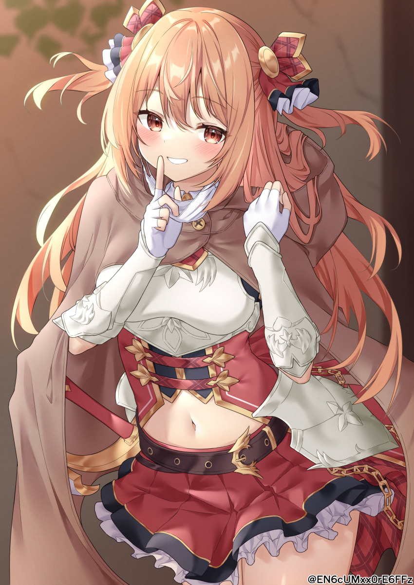 1girl absurdres blush breasts brown_eyes finger_to_mouth fingerless_gloves frilled_skirt frills gloves grin highres long_hair looking_at_viewer medium_breasts navel nozomi_(princess_connect!) orange_hair princess_connect! shushing skirt smile solo very_long_hair yamano_rokamizu