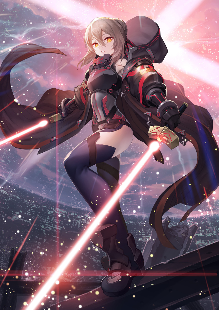 1girl ahoge armor artoria_pendragon_(fate) blonde_hair breastplate coat dual_wielding energy_sword fate/grand_order fate_(series) highres holding hood lightsaber mysterious_heroine_x_alter_(fate) mysterious_heroine_x_alter_(third_ascension)_(fate) nakamura_eight sword thigh-highs weapon yellow_eyes