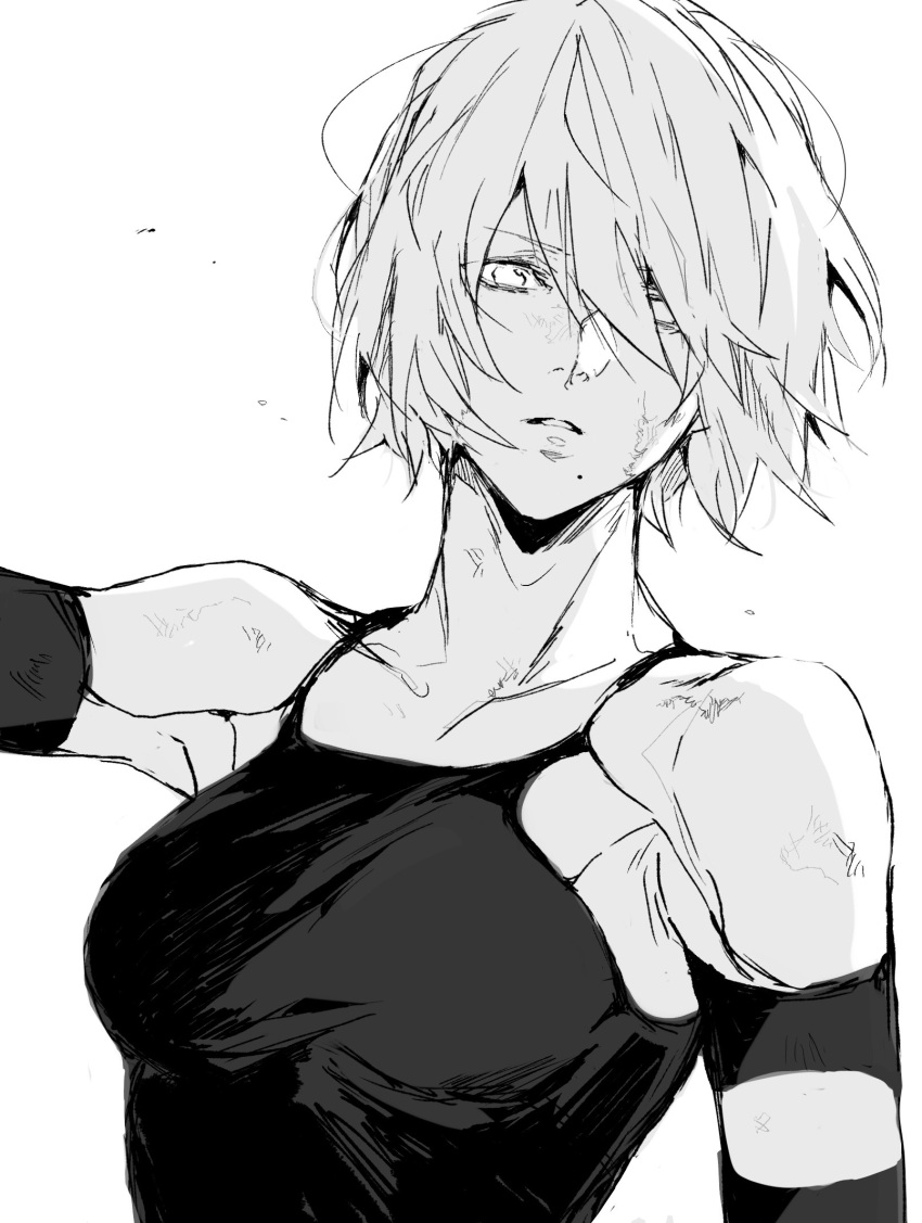 1girl android armlet bangs bare_shoulders black_gloves elbow_gloves gloves greyscale hair_between_eyes highres joints mole mole_under_mouth monochrome nier_(series) nier_automata nishiii26miii robot_joints short_hair tank_top white_background yorha_type_a_no._2