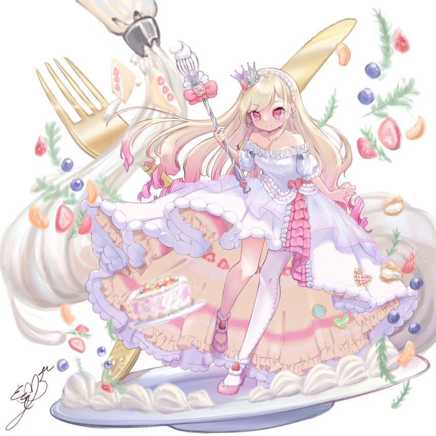 1girl asymmetrical_legwear blonde_hair blueberry breasts cake commentary_request cookie cream cream_puff crown dress earrings food food-themed_clothes food-themed_hair_ornament fork fruit fruit_sandwich full_body gradient_hair hair_ornament hairband heart heart_earrings high-low_skirt high_heels highres holding holding_wand jewelry knife leaf long_hair looking_at_viewer multicolored_hair off-shoulder_dress off_shoulder orange_(fruit) orange_slice original oversized_object pastry_bag pink_eyes pink_footwear plate puffy_short_sleeves puffy_sleeves pumps ringlets short_sleeves signature small_breasts smile solo standing standing_on_one_leg strawberry tilted_headwear wand whipped_cream whisk white_background white_dress white_legwear yumeu