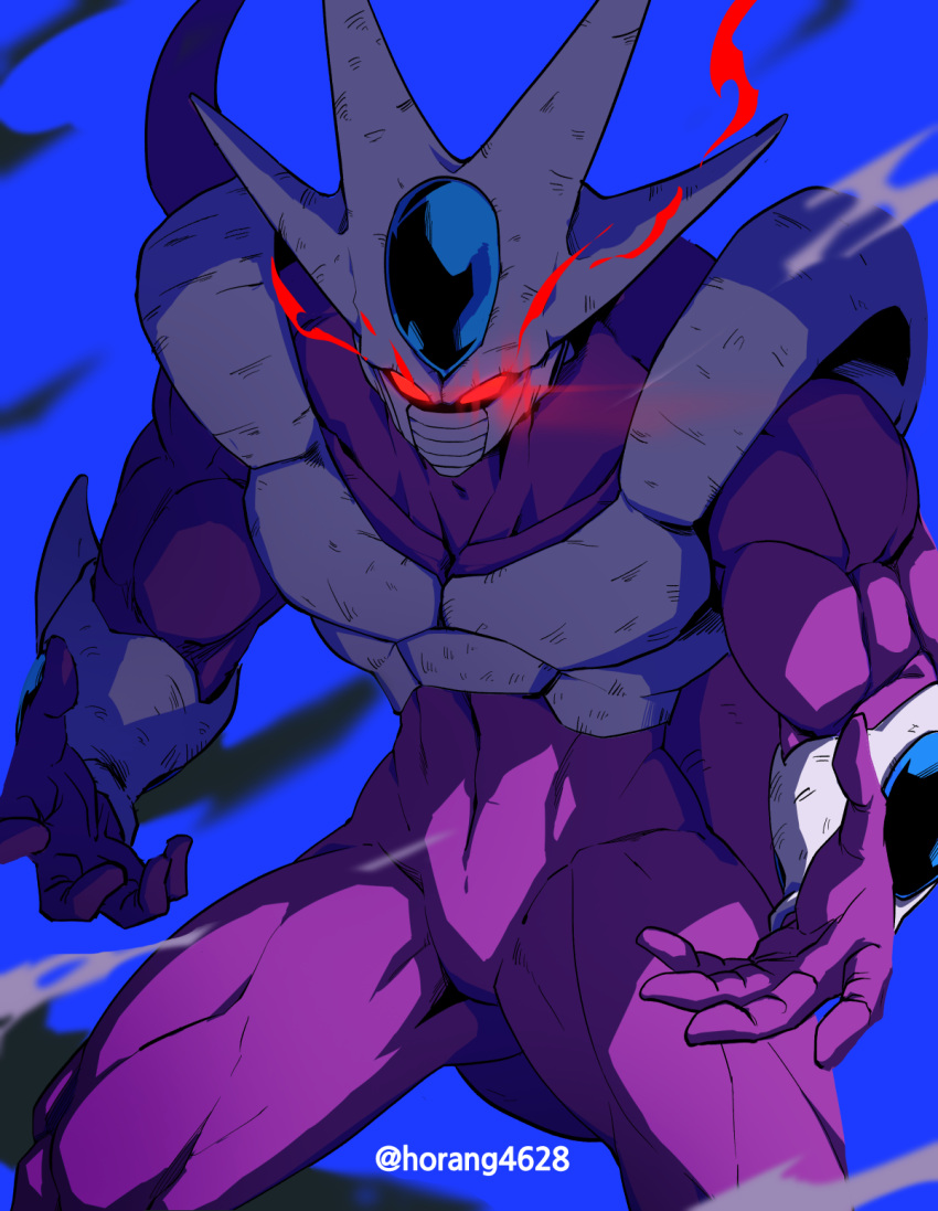 1boy colored_skin cooler_(dragon_ball) dragon_ball dragon_ball_z glowing glowing_eyes highres horang4628 korean_commentary male_focus mask purple_skin red_eyes solo twitter_username