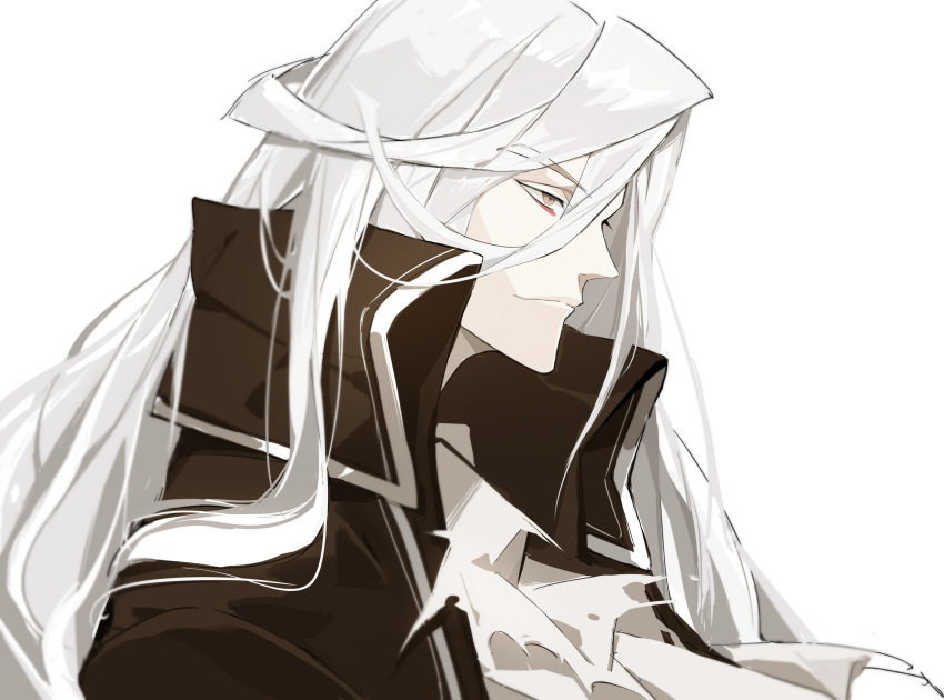 1boy absurdres alchemy_stars black_coat brown_eyes charon_(alchemy_stars) closed_mouth coat grey_background grey_hair hair_between_eyes highres long_hair male_focus open_clothes open_coat simple_background smile solo torn torn_clothes upper_body viiiper