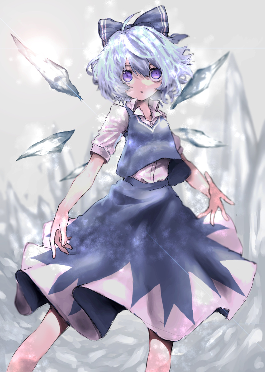 1girl :o ahoge bangs blue_bow blue_hair blue_skirt blue_vest bow breath cirno collared_shirt commentary feet_out_of_frame frost hair_between_eyes hair_bow highres ice ice_wings jeffree07 looking_at_viewer open_mouth shirt short_hair short_sleeves skirt solo touhou vest violet_eyes white_shirt wings