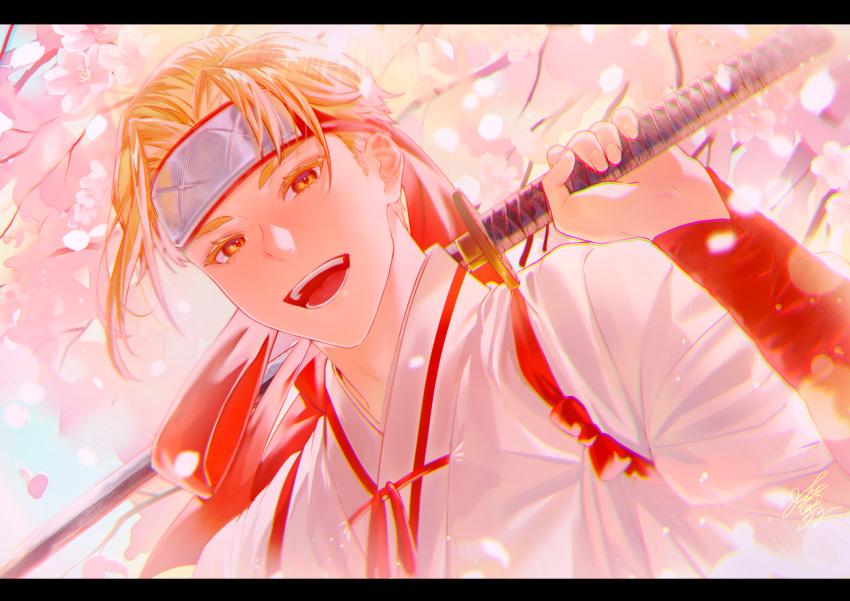 1boy :d absurdres blonde_hair cherry_blossoms day headband highres himari_(_h_i8) holding holding_weapon jigokuraku katana male_focus outdoors red_eyes red_headband signature smile solo sword tasuki upper_body weapon yamada_asaemon_tensa