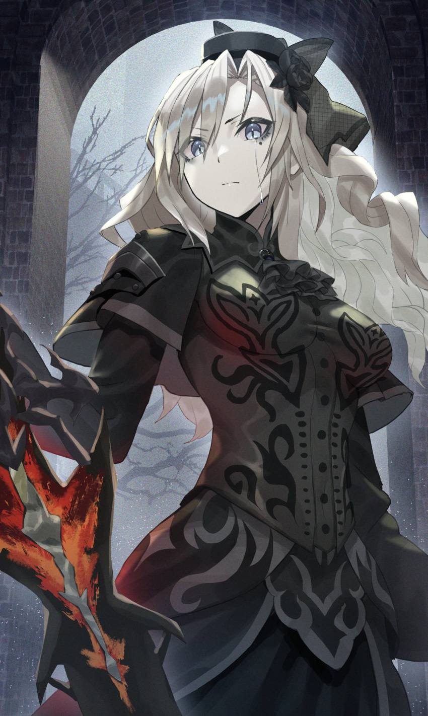 1girl arch bare_tree beppu_mitsunaka black_dress black_headwear blonde_hair building commentary cowboy_shot crying crying_with_eyes_open dress eyelashes facial_mark fate/grand_order fate_(series) film_grain frown grey_sky highres holding holding_sword holding_weapon kriemhild_(fate) light_blue_eyes long_hair long_sleeves looking_at_viewer outdoors single_tear slit_pupils solo sword tears tree wavy_hair weapon