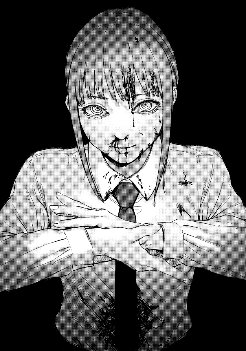 1girl absurdres blood blood_on_clothes blood_on_face chainsaw_man closed_mouth collared_shirt greyscale highres looking_at_viewer makima_(chainsaw_man) monochrome necktie ringed_eyes shirt short_hair_with_long_locks simple_background solo turiganesou800