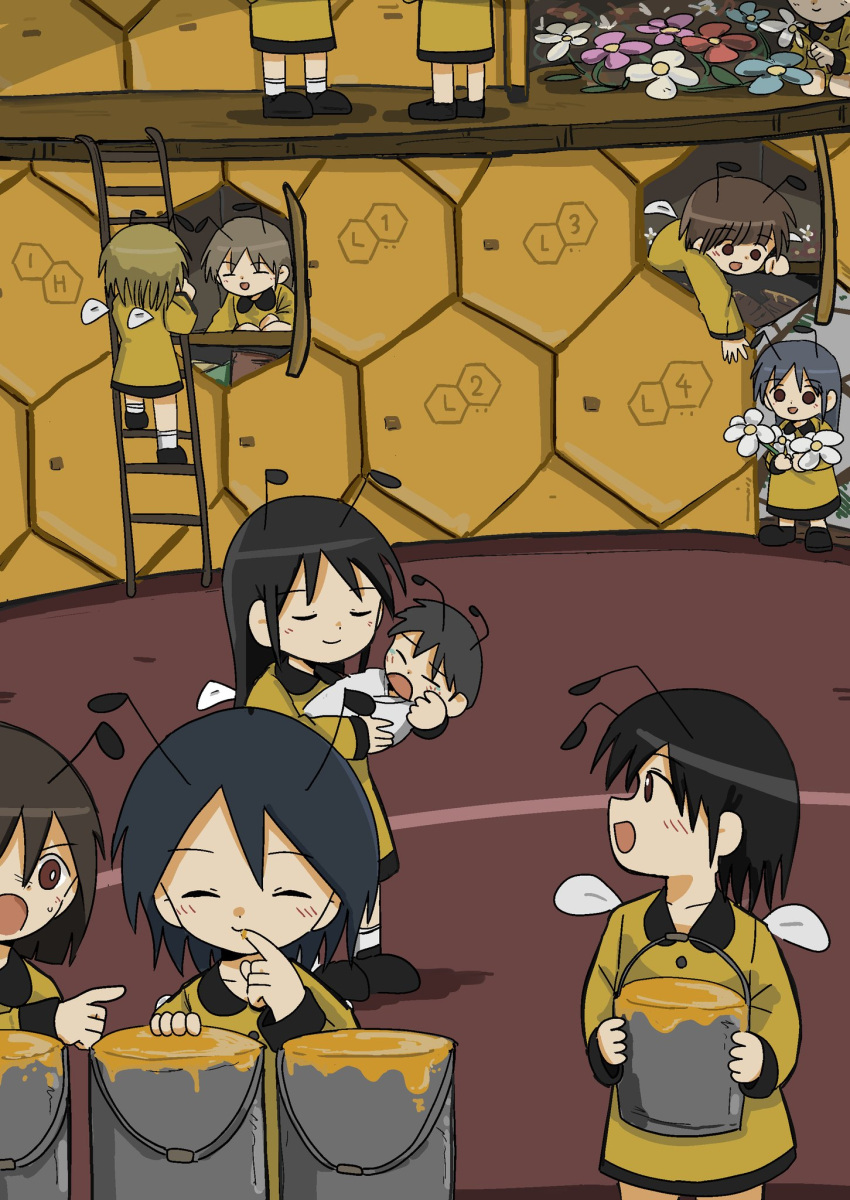 6+girls antennae arthropod_girl baby bee_girl bee_wings beehive black_hair brown_hair bucket flower highres holding_baby honey kishimen_udn ladder long_hair multiple_girls original personification short_hair