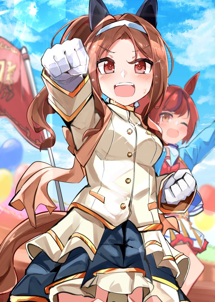 2girls ;d absurdres animal_ears arm_up balloon bangs black_skirt blue_jacket blue_sky blurry blurry_background brown_eyes brown_hair brown_jacket cheerleader clenched_hands clouds cloudy_sky commentary day depth_of_field ear_covers flag frilled_skirt frills gloves high_collar highres horse_ears horse_girl horse_tail jacket king_halo_(noble_white_cheer_attire)_(umamusume) king_halo_(umamusume) layered_skirt lens_flare long_hair long_sleeves looking_at_viewer medium_hair medium_skirt miniskirt multiple_girls nice_nature_(run&amp;win)_(umamusume) nice_nature_(umamusume) official_alternate_costume one_eye_closed open_clothes open_jacket outdoors outstretched_arm ponytail roar_yell!_tracen_academy_cheerleading_squad_(umamusume) shi_(kamokamo910) skirt sky smile sparkle standing sweat tail tasuki umamusume water_drop white_gloves white_headwear white_skirt