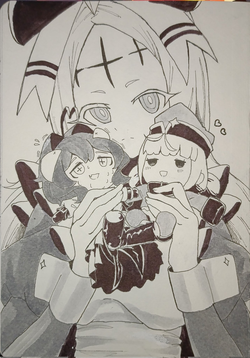 3girls character_doll closed_mouth cross cross_facial_mark doll dress facial_mark forehead_mark greyscale heart highres holding holding_doll large_ribbon leoparde_(mahou_shoujo_ni_akogarete) light_blush light_frown long_hair looking_at_viewer magia_baiser mahou_shoujo_ni_akogarete makotogab monochrome multiple_girls nero_alice pen_(medium) photo_(medium) sweat traditional_media wrist_cuffs