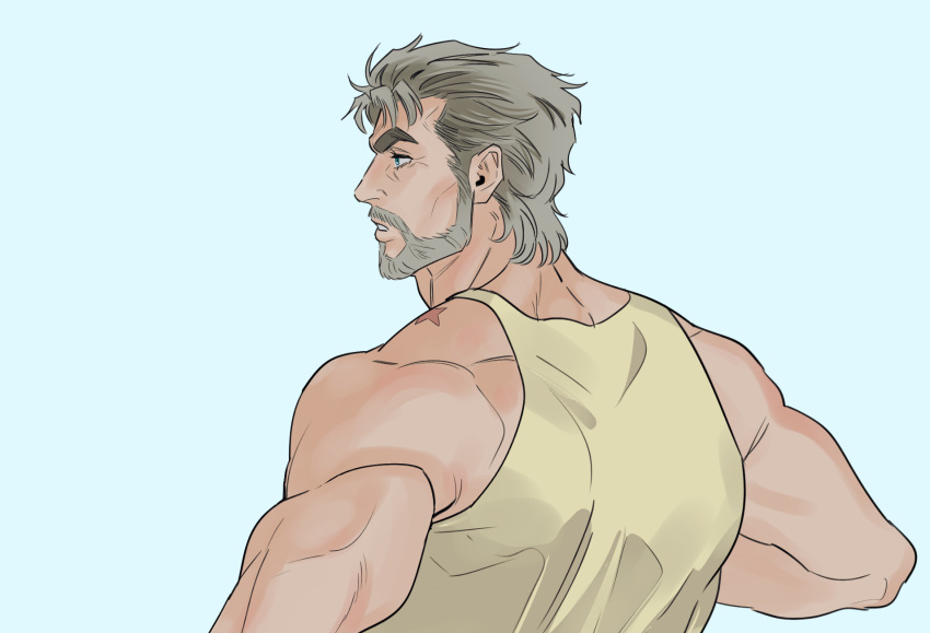 1boy acea_n bare_shoulders beard biceps birthmark blue_eyes facial_hair grey_hair highres joestar_birthmark jojo_no_kimyou_na_bouken joseph_joestar joseph_joestar_(old) male_focus muscular muscular_male portrait profile solo stardust_crusaders tank_top