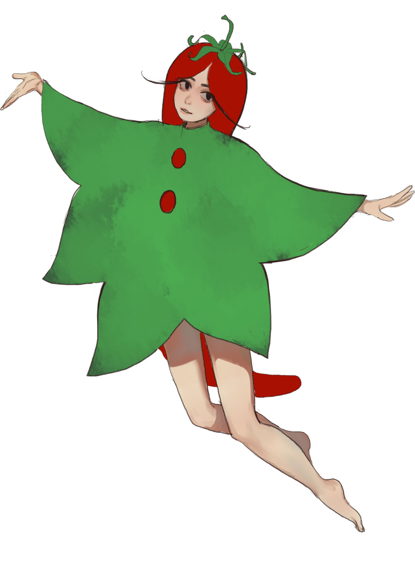 1girl absurdres barefoot copyright_request highres long_hair looking_at_viewer mossacannibalis outstretched_arms parted_lips redhead simple_background smile solo spread_arms tomato_costume very_long_hair white_background