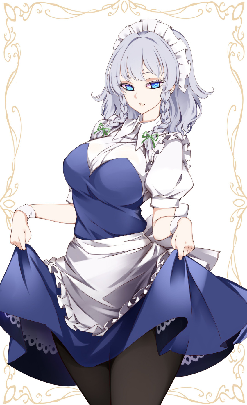 1girl absurdres apron back_bow bangs black_legwear blue_dress blue_eyes bow braid breasts collared_shirt dress eyebrows_visible_through_hair framed_image frills green_bow grey_bow grey_hair hair_bow hands_up highres izayoi_sakuya large_breasts looking_at_viewer maid maid_headdress open_mouth pantyhose puffy_short_sleeves puffy_sleeves raptor7 shirt short_hair short_sleeves simple_background smile solo symbol-only_commentary touhou twin_braids white_apron white_background white_shirt wrist_cuffs
