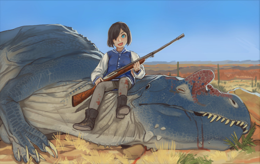 1girl :d allosaurus anachronism blue_sky boots brown_footwear brown_hair carcass day dinosaur grey_pants gun hair_over_one_eye highres holding holding_gun holding_weapon jacket looking_at_viewer mossacannibalis one_eye_covered open_mouth original outdoors pants rifle sky smile solo weapon
