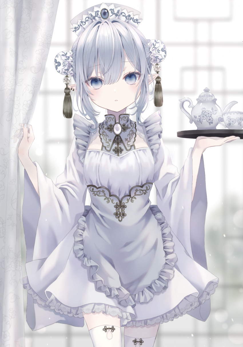 1girl :o absurdres apron bangs beads blue_eyes blue_gemstone blurry blush brooch bun_cover china_dress chinese_clothes cowboy_shot cup curtain_grab curtains day depth_of_field double_bun dress earclip earrings elf frilled_apron frills gem gold_trim grey_apron grey_hair hands_up highres indoors jewelry lattice light_particles long_sleeves looking_at_viewer maid maid_apron maid_headdress original paruno pearl_(gemstone) pointy_ears qi_maid short_dress sidelocks single_earring solo standing tassel tea_set teacup teapot toggles tray updo waist_apron white_dress white_theme wide_sleeves zettai_ryouiki