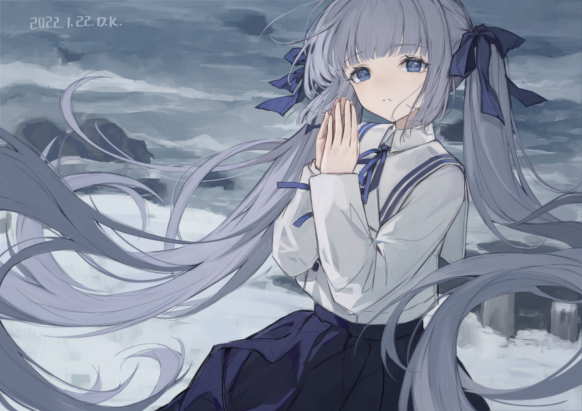1girl absurdres bangs blue_eyes blunt_bangs blush daichengqi dated eyebrows_visible_through_hair floating_hair grey_hair hair_ribbon highres long_hair long_sleeves looking_at_viewer neck_ribbon ocean original own_hands_together parted_lips ribbon school_uniform signature skirt solo twintails very_long_hair